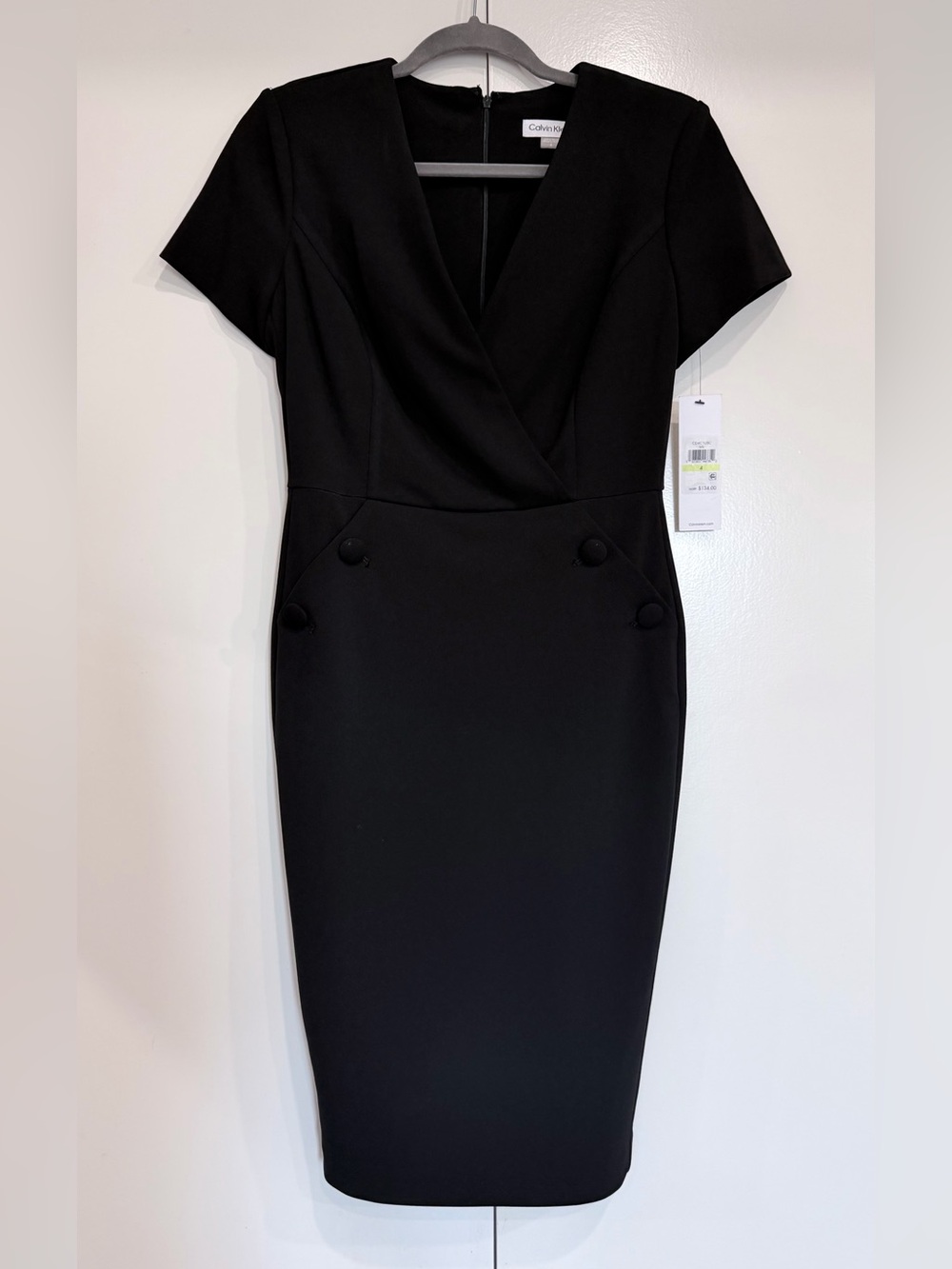 Calvin Klein Black Faux-Wrap Midi Sheath Dress